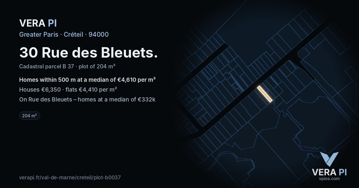 30 Rue des Bleuets, Créteil at night – the plot lit, the parcels around coloured by the prices near them