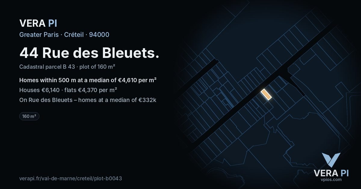 44 Rue des Bleuets, Créteil at night – the plot lit, the parcels around coloured by the prices near them