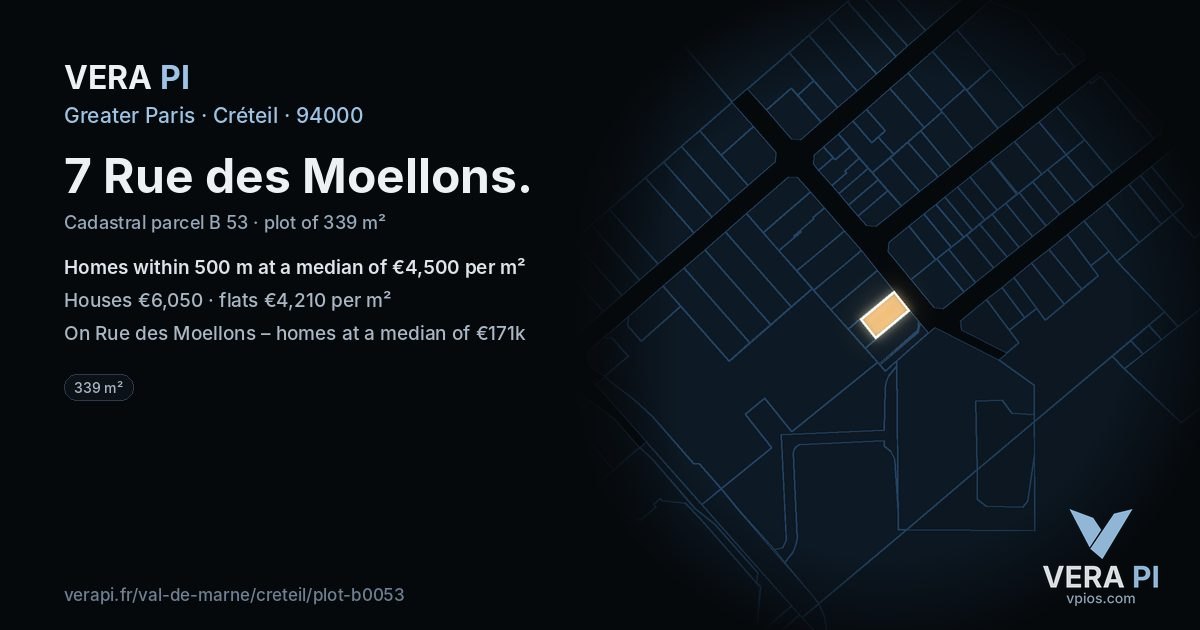 7 Rue des Moellons, Créteil at night – the plot lit, the parcels around coloured by the prices near them