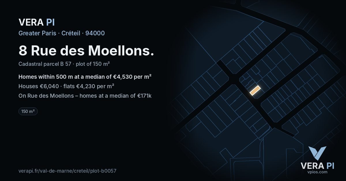 8 Rue des Moellons, Créteil at night – the plot lit, the parcels around coloured by the prices near them