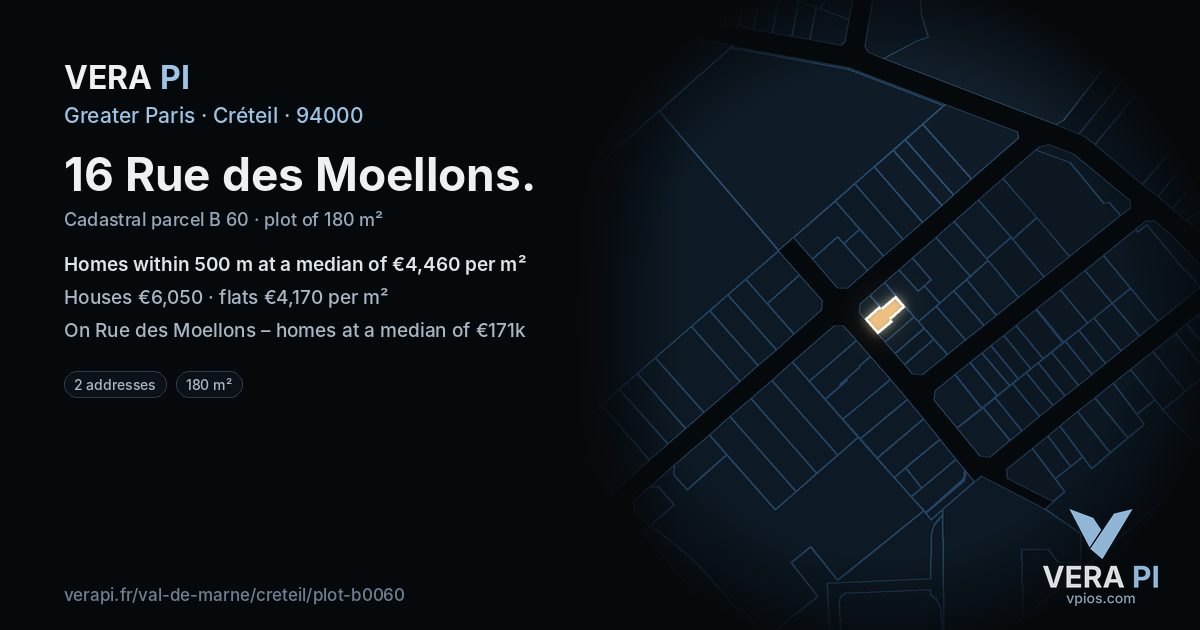 16 Rue des Moellons, Créteil at night – the plot lit, the parcels around coloured by the prices near them