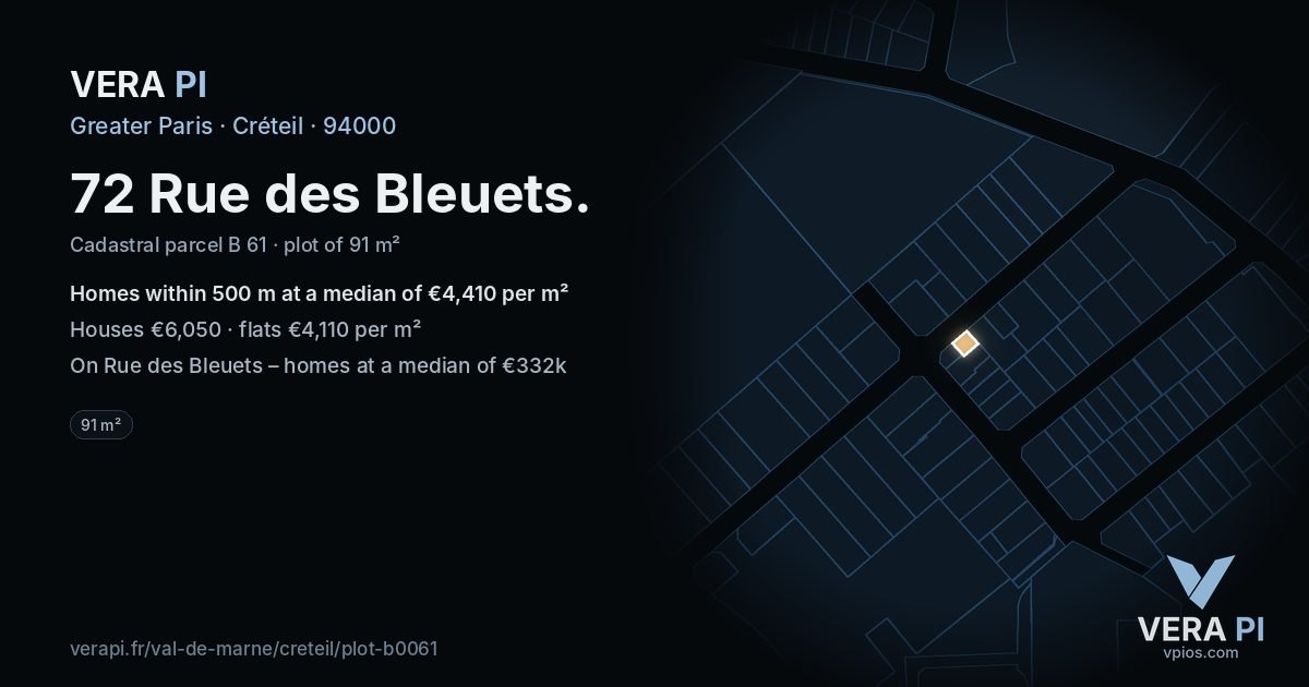 72 Rue des Bleuets, Créteil at night – the plot lit, the parcels around coloured by the prices near them