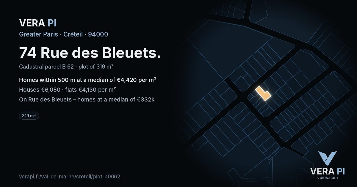 74 Rue des Bleuets, Créteil at night – the plot lit, the parcels around coloured by the prices near them