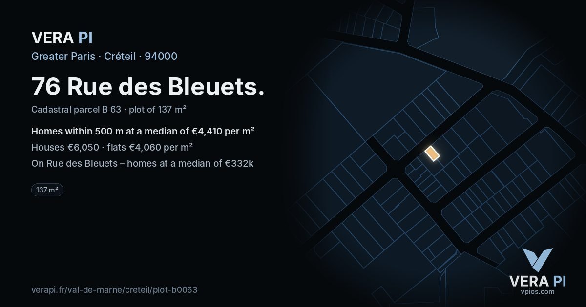 76 Rue des Bleuets, Créteil at night – the plot lit, the parcels around coloured by the prices near them