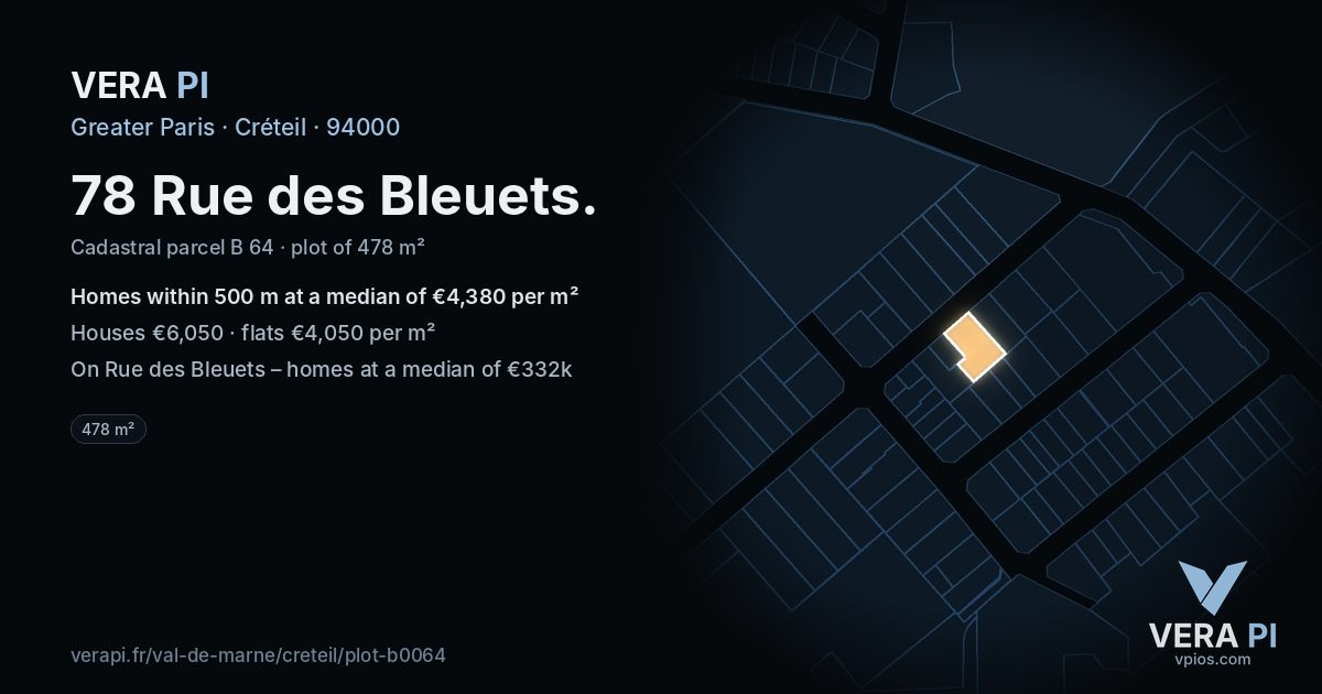 78 Rue des Bleuets, Créteil at night – the plot lit, the parcels around coloured by the prices near them