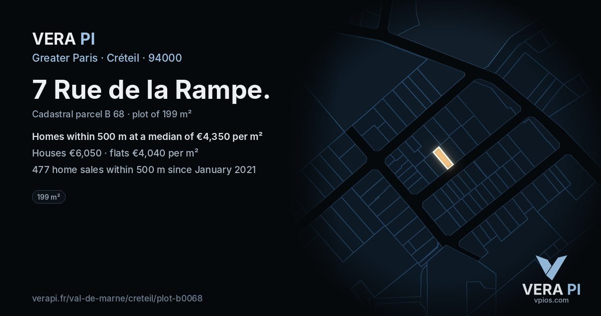 7 Rue de la Rampe, Créteil at night – the plot lit, the parcels around coloured by the prices near them