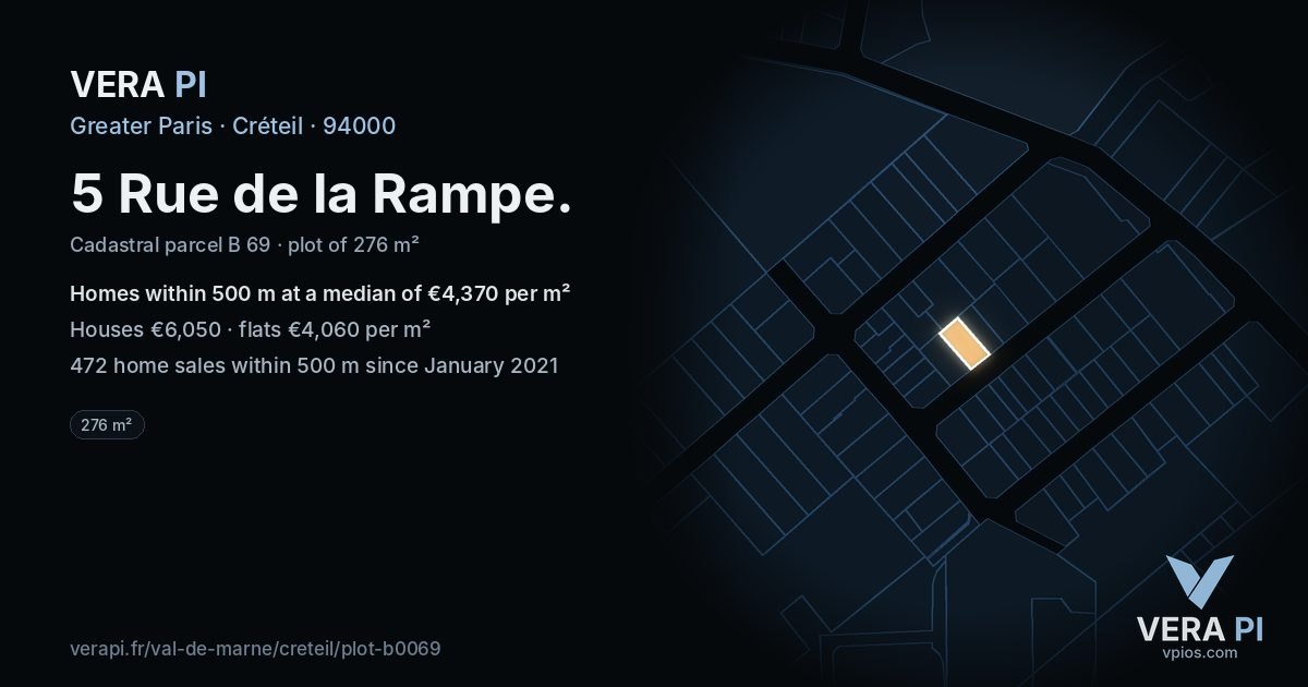 5 Rue de la Rampe, Créteil at night – the plot lit, the parcels around coloured by the prices near them