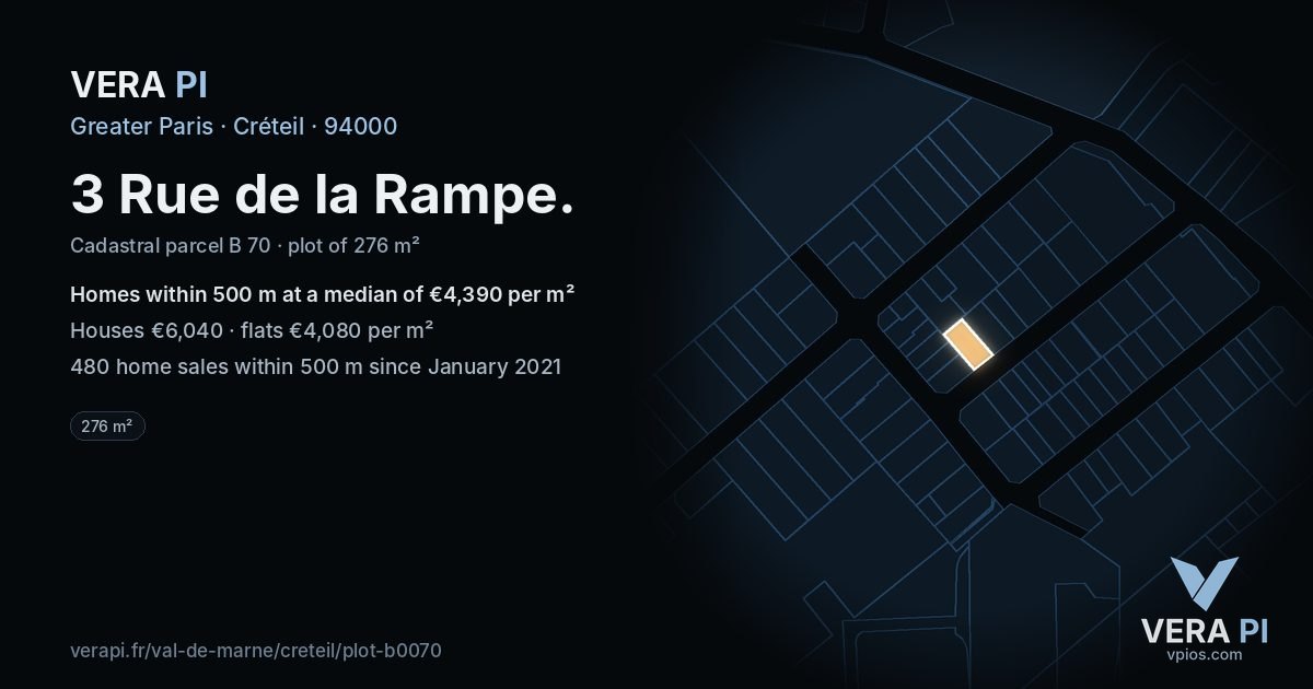 3 Rue de la Rampe, Créteil at night – the plot lit, the parcels around coloured by the prices near them