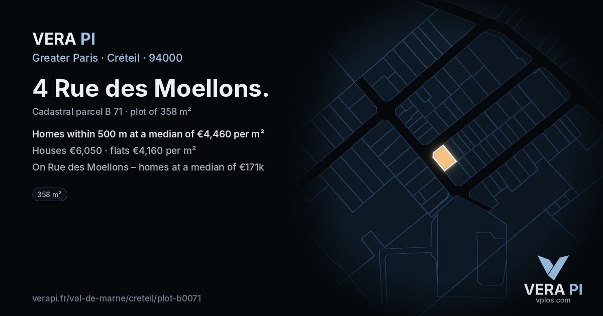 4 Rue des Moellons, Créteil at night – the plot lit, the parcels around coloured by the prices near them