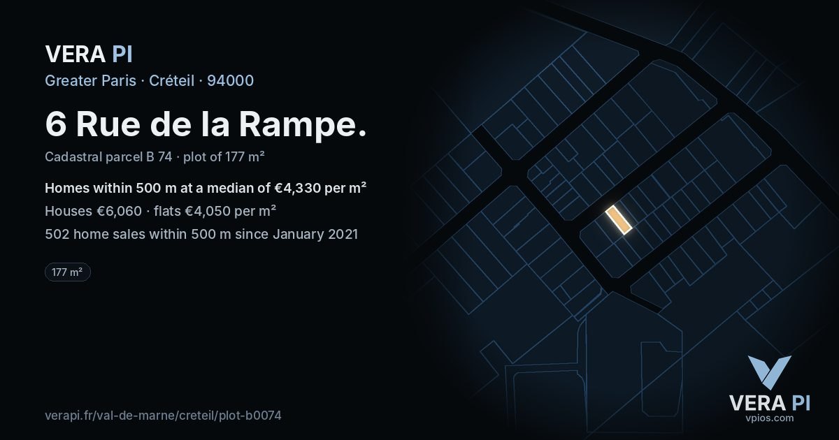 6 Rue de la Rampe, Créteil at night – the plot lit, the parcels around coloured by the prices near them