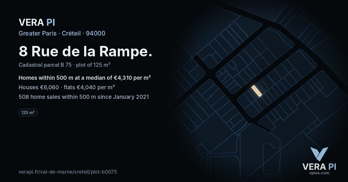 8 Rue de la Rampe, Créteil at night – the plot lit, the parcels around coloured by the prices near them