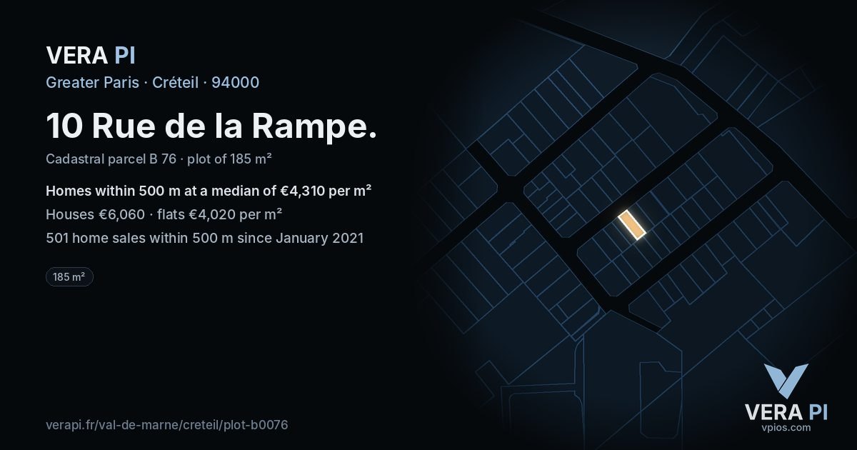 10 Rue de la Rampe, Créteil at night – the plot lit, the parcels around coloured by the prices near them