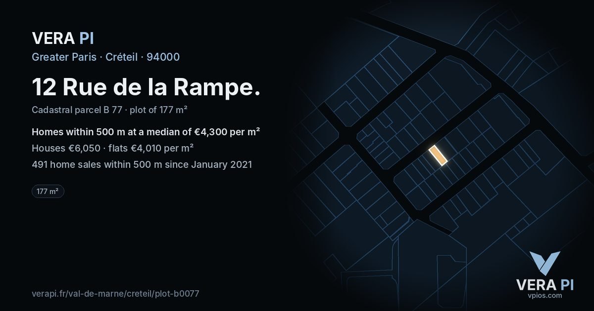 12 Rue de la Rampe, Créteil at night – the plot lit, the parcels around coloured by the prices near them