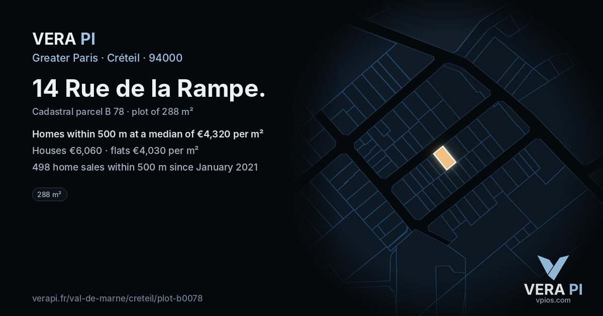 14 Rue de la Rampe, Créteil at night – the plot lit, the parcels around coloured by the prices near them