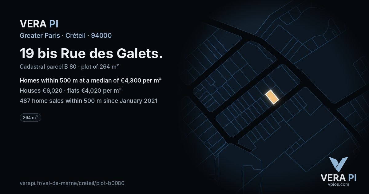 19 bis Rue des Galets, Créteil at night – the plot lit, the parcels around coloured by the prices near them