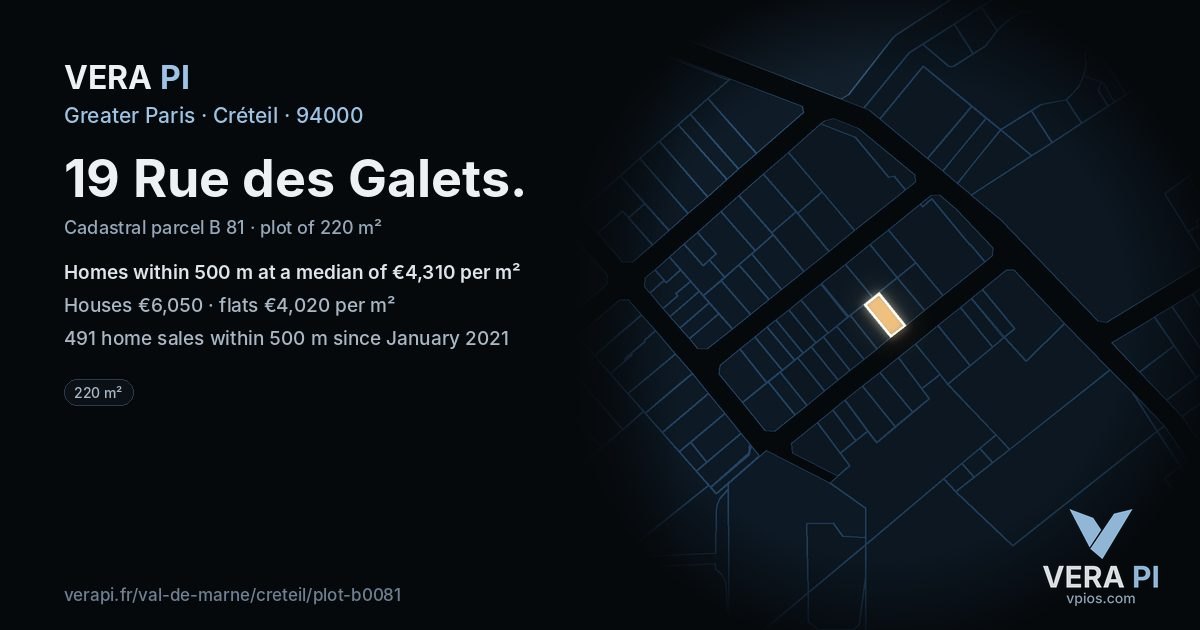 19 Rue des Galets, Créteil at night – the plot lit, the parcels around coloured by the prices near them