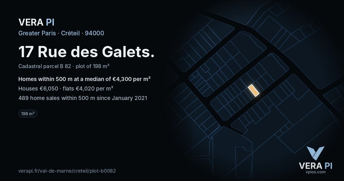 17 Rue des Galets, Créteil at night – the plot lit, the parcels around coloured by the prices near them