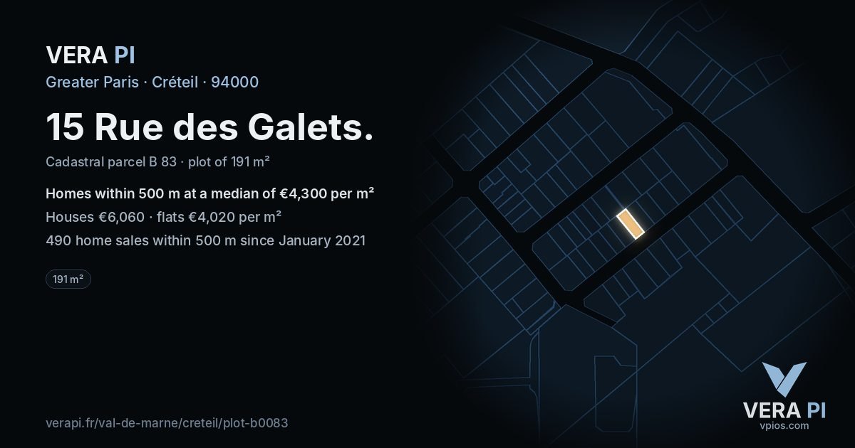 15 Rue des Galets, Créteil at night – the plot lit, the parcels around coloured by the prices near them