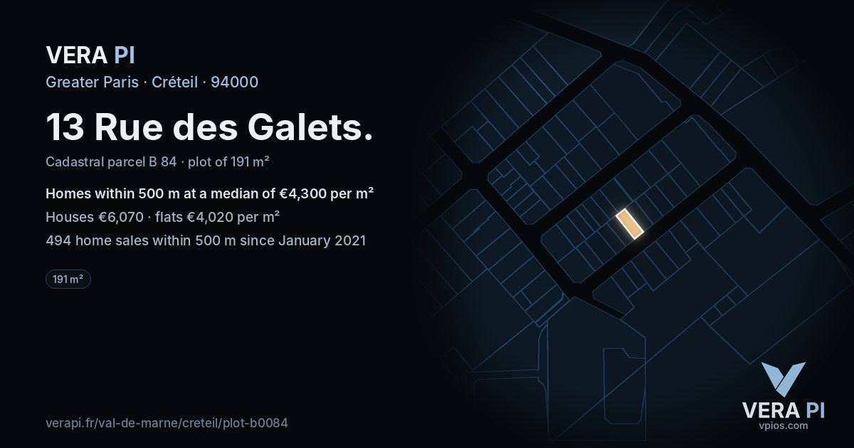 13 Rue des Galets, Créteil at night – the plot lit, the parcels around coloured by the prices near them