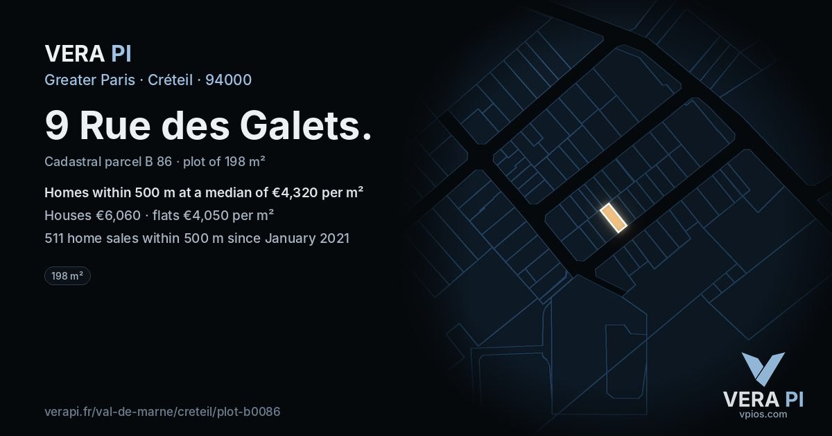 9 Rue des Galets, Créteil at night – the plot lit, the parcels around coloured by the prices near them
