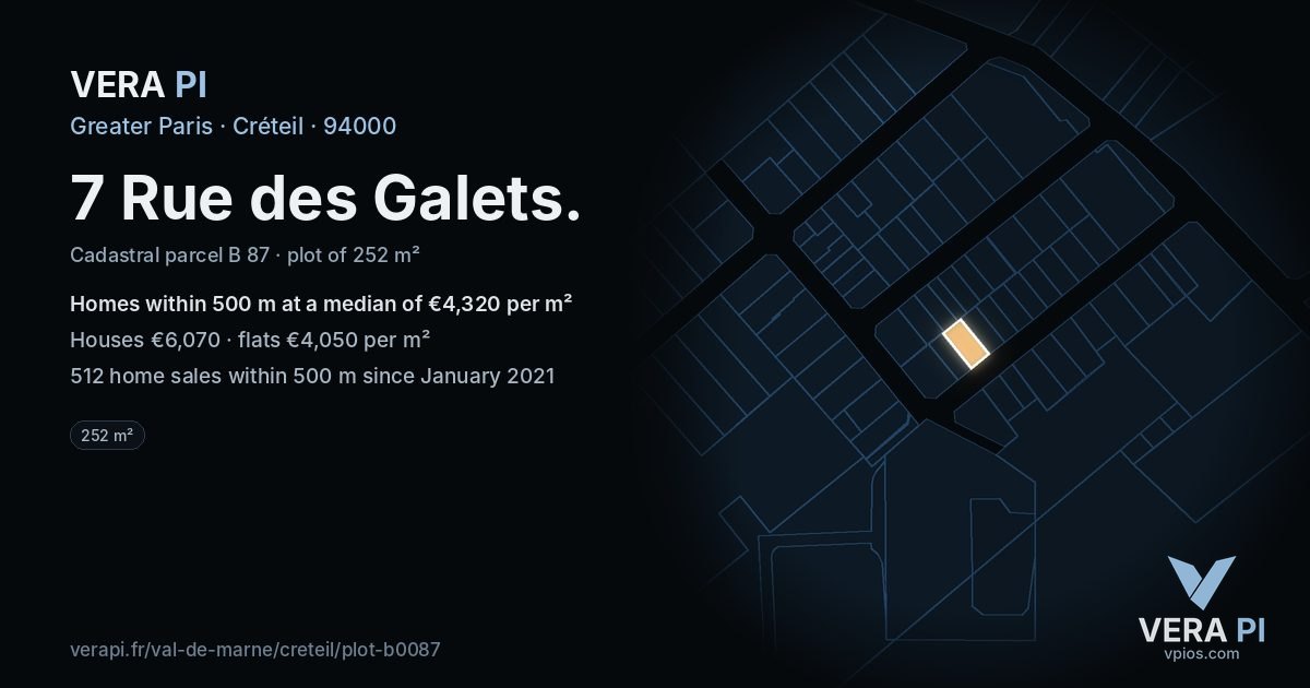 7 Rue des Galets, Créteil at night – the plot lit, the parcels around coloured by the prices near them