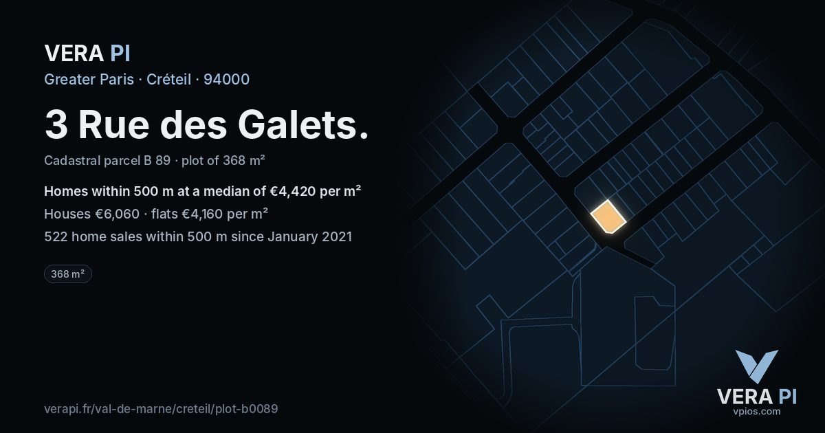 3 Rue des Galets, Créteil at night – the plot lit, the parcels around coloured by the prices near them