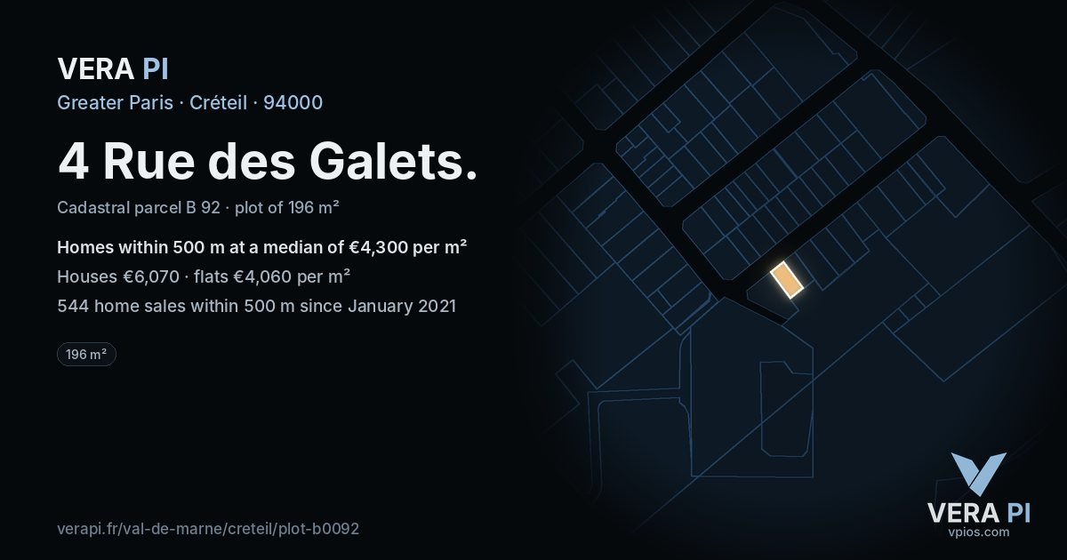 4 Rue des Galets, Créteil at night – the plot lit, the parcels around coloured by the prices near them