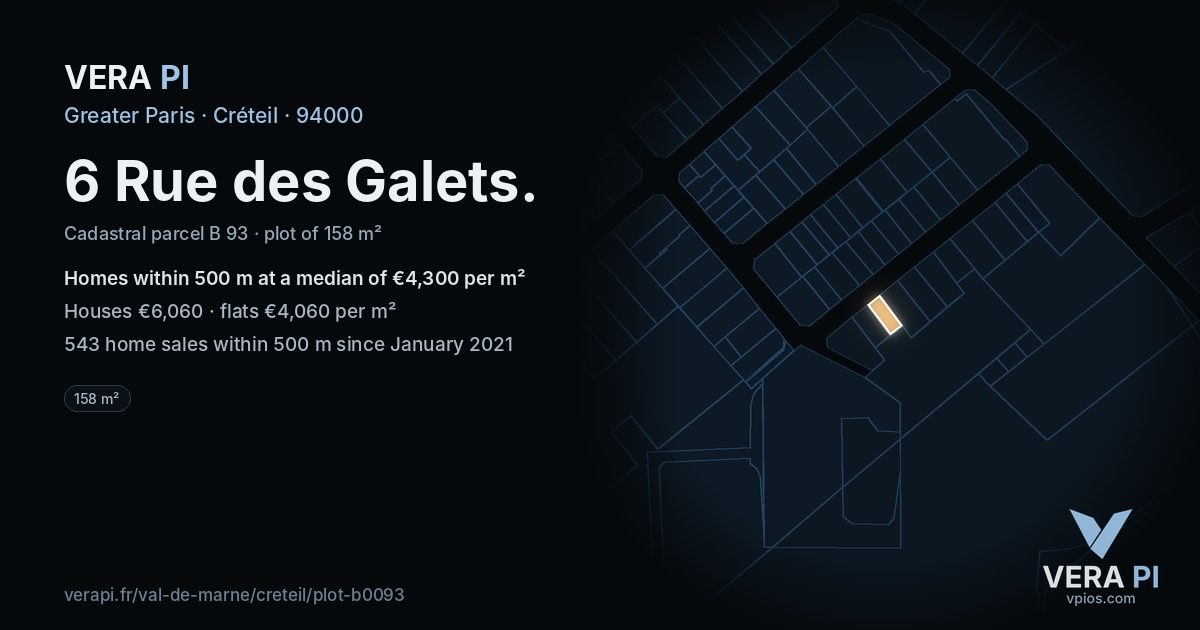 6 Rue des Galets, Créteil at night – the plot lit, the parcels around coloured by the prices near them