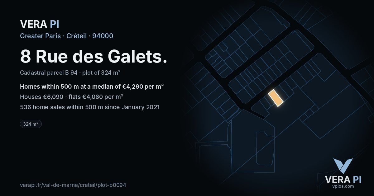 8 Rue des Galets, Créteil at night – the plot lit, the parcels around coloured by the prices near them