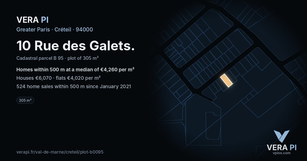 10 Rue des Galets, Créteil at night – the plot lit, the parcels around coloured by the prices near them