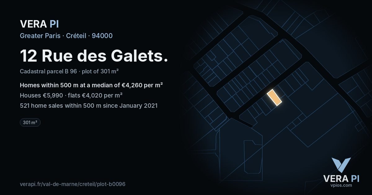 12 Rue des Galets, Créteil at night – the plot lit, the parcels around coloured by the prices near them