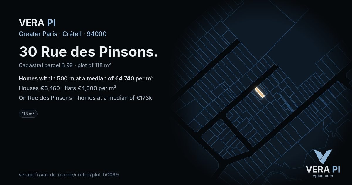 30 Rue des Pinsons, Créteil at night – the plot lit, the parcels around coloured by the prices near them