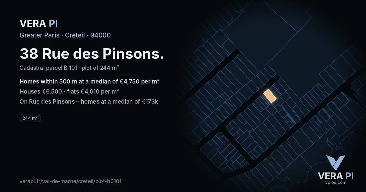 38 Rue des Pinsons, Créteil at night – the plot lit, the parcels around coloured by the prices near them