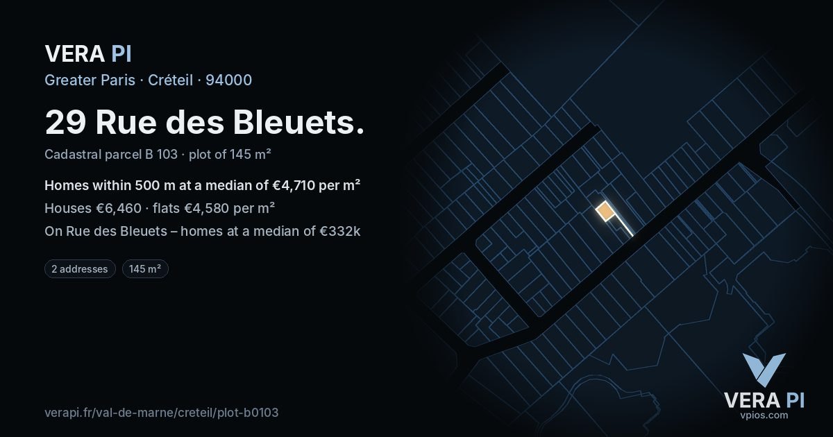 29 Rue des Bleuets, Créteil at night – the plot lit, the parcels around coloured by the prices near them