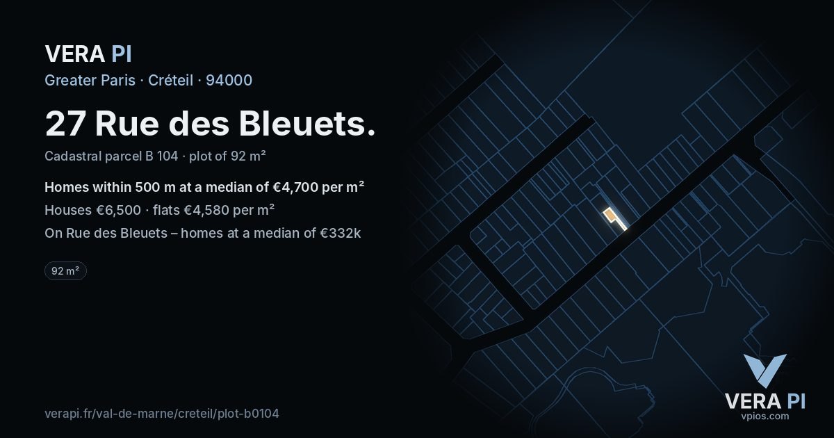 27 Rue des Bleuets, Créteil at night – the plot lit, the parcels around coloured by the prices near them