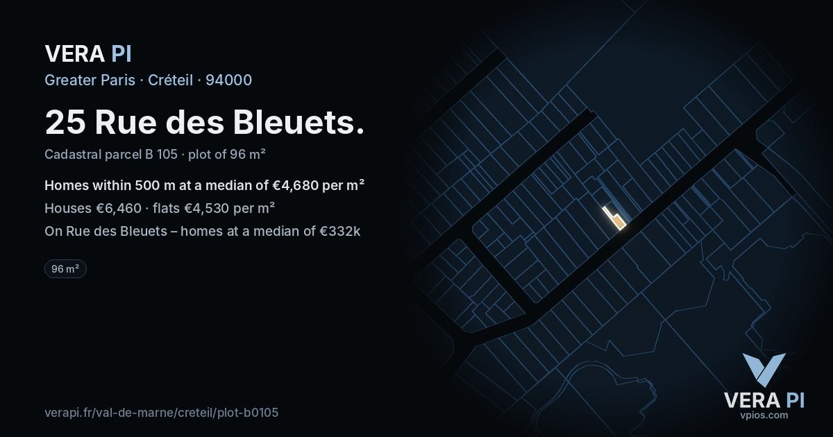 25 Rue des Bleuets, Créteil at night – the plot lit, the parcels around coloured by the prices near them