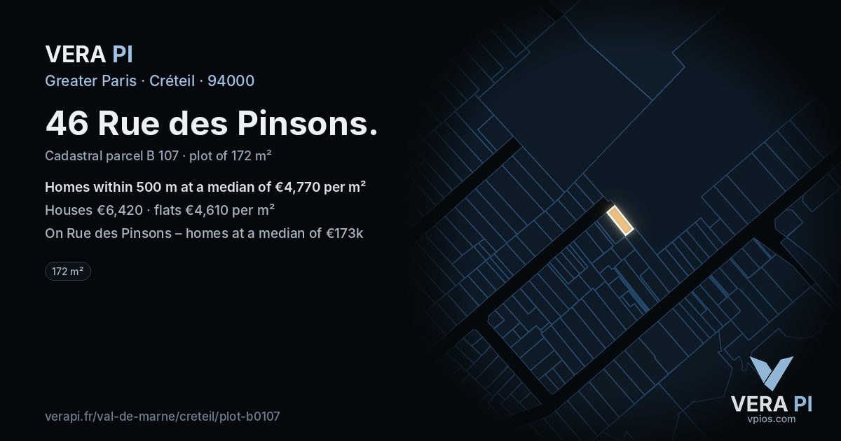 46 Rue des Pinsons, Créteil at night – the plot lit, the parcels around coloured by the prices near them