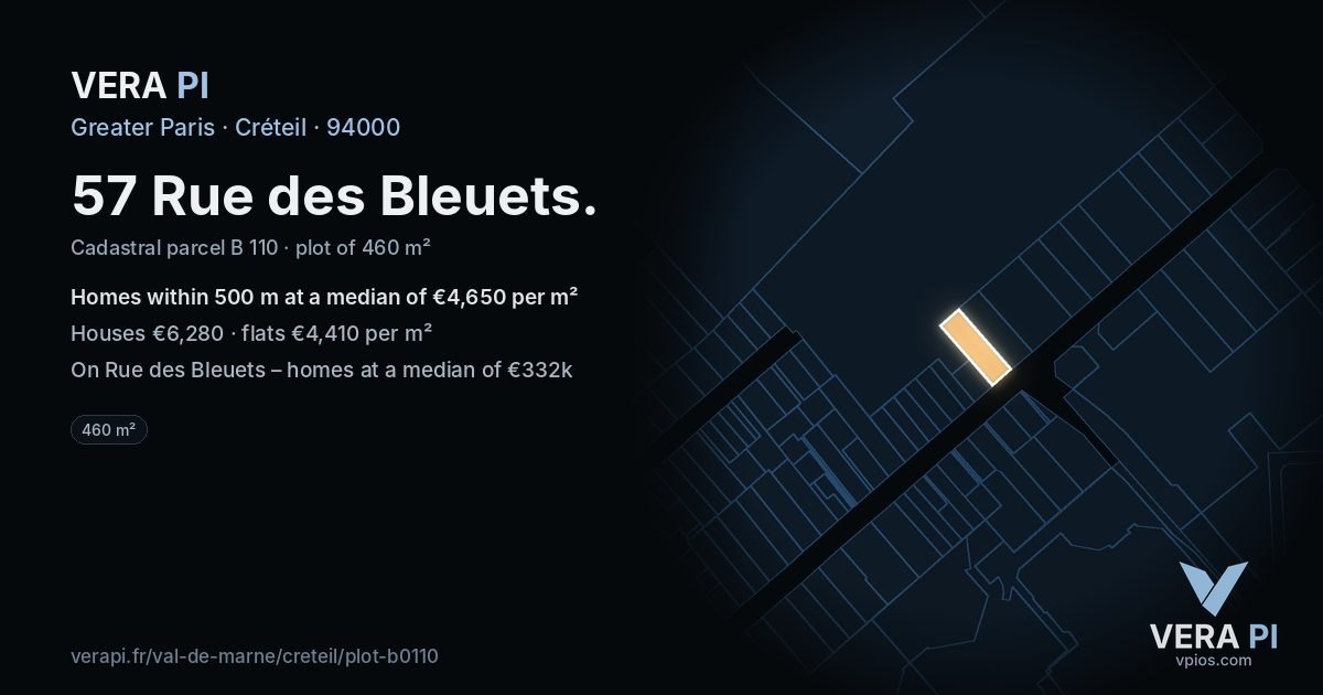 57 Rue des Bleuets, Créteil at night – the plot lit, the parcels around coloured by the prices near them