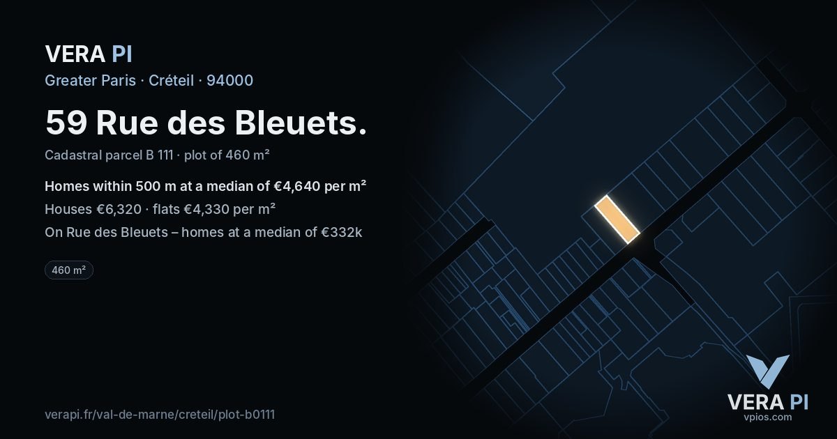 59 Rue des Bleuets, Créteil at night – the plot lit, the parcels around coloured by the prices near them