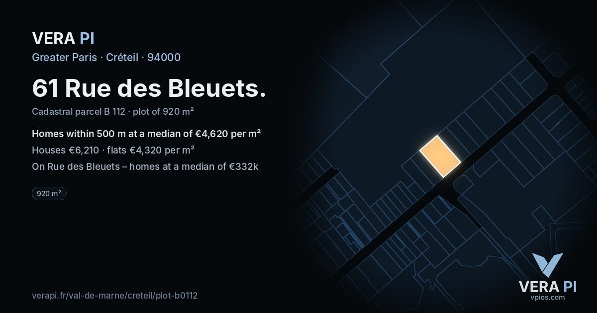 61 Rue des Bleuets, Créteil at night – the plot lit, the parcels around coloured by the prices near them
