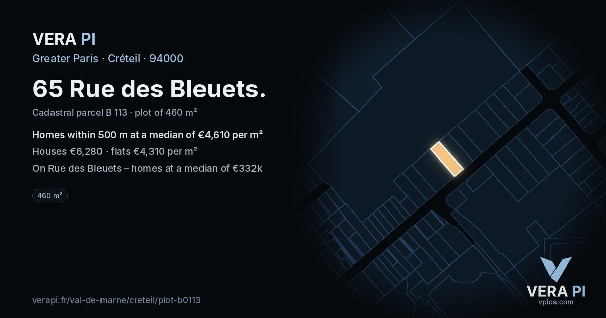 65 Rue des Bleuets, Créteil at night – the plot lit, the parcels around coloured by the prices near them