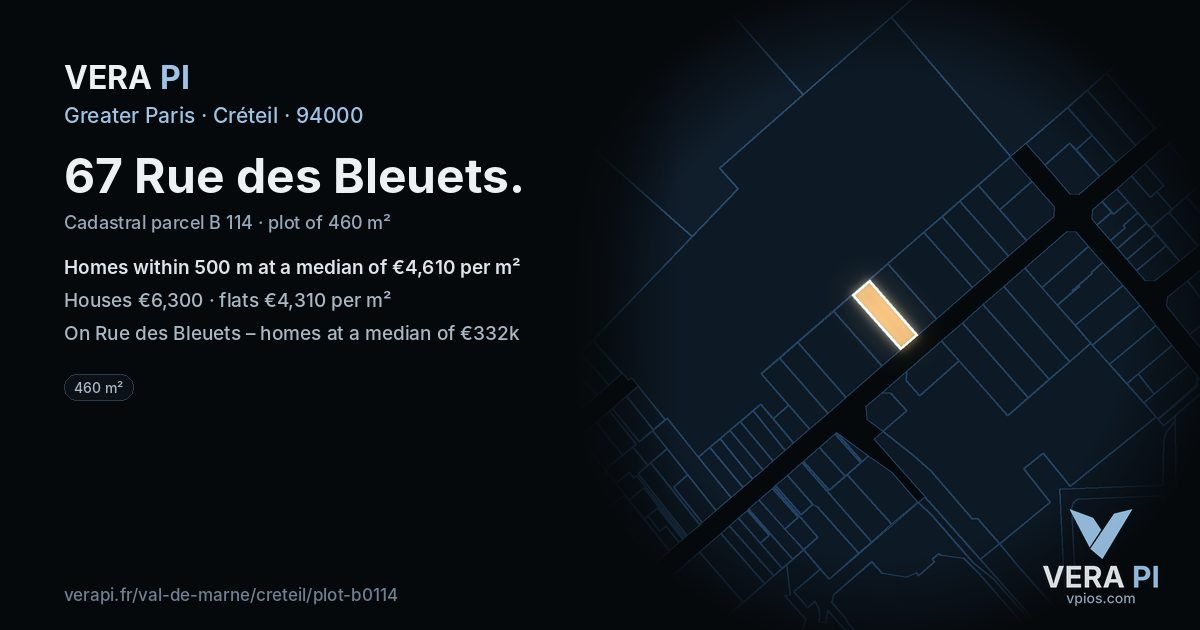 67 Rue des Bleuets, Créteil at night – the plot lit, the parcels around coloured by the prices near them