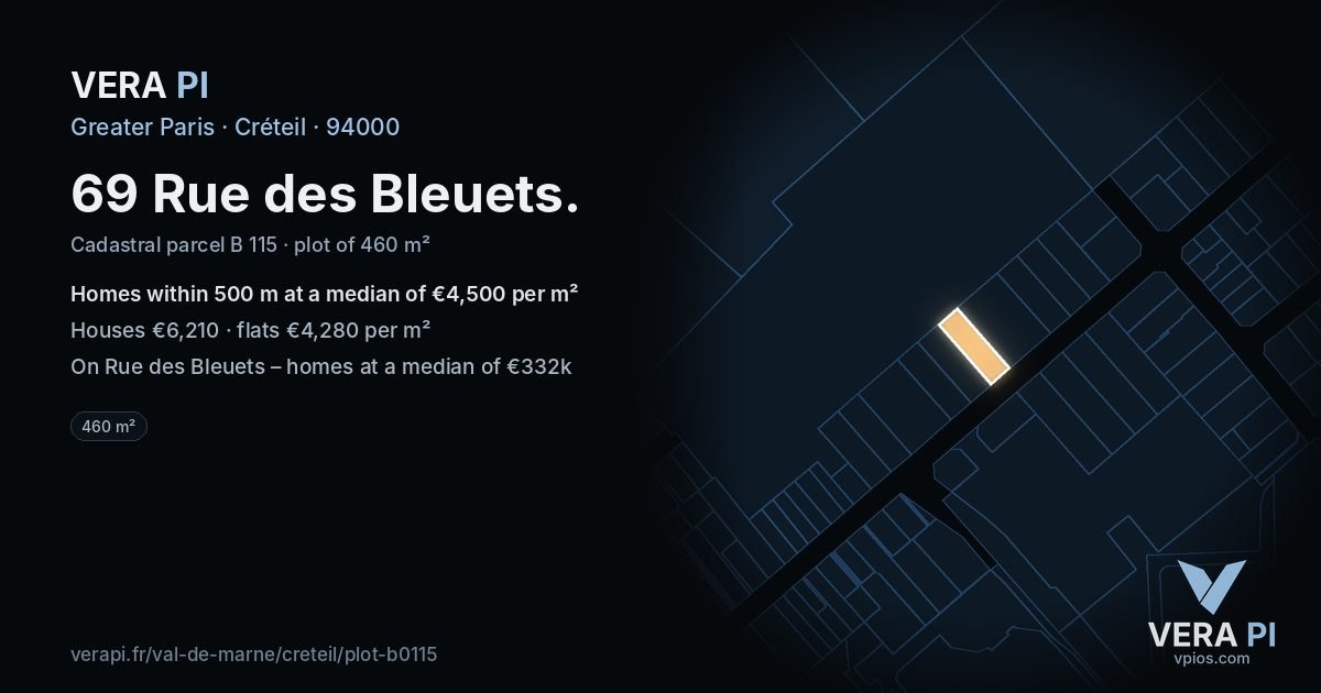 69 Rue des Bleuets, Créteil at night – the plot lit, the parcels around coloured by the prices near them