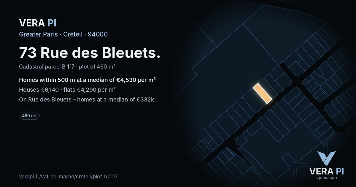 73 Rue des Bleuets, Créteil at night – the plot lit, the parcels around coloured by the prices near them