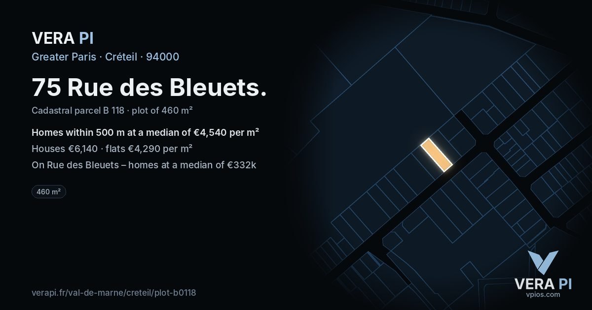 75 Rue des Bleuets, Créteil at night – the plot lit, the parcels around coloured by the prices near them