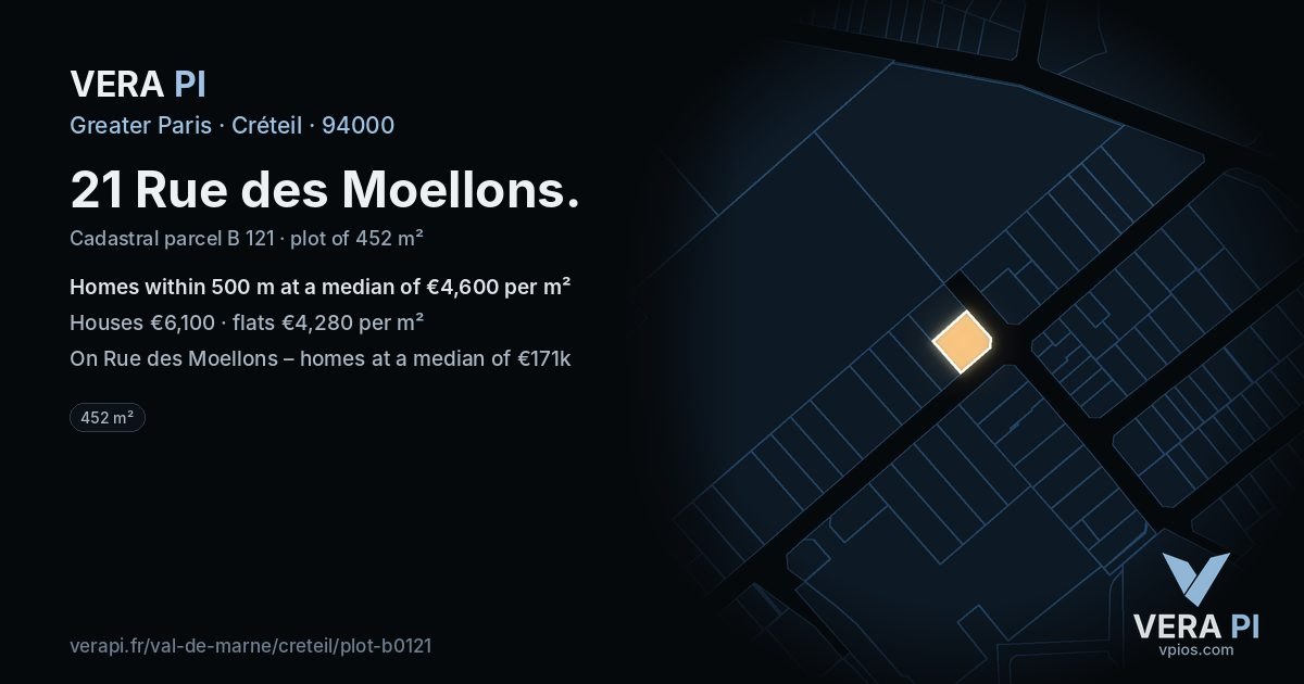 21 Rue des Moellons, Créteil at night – the plot lit, the parcels around coloured by the prices near them