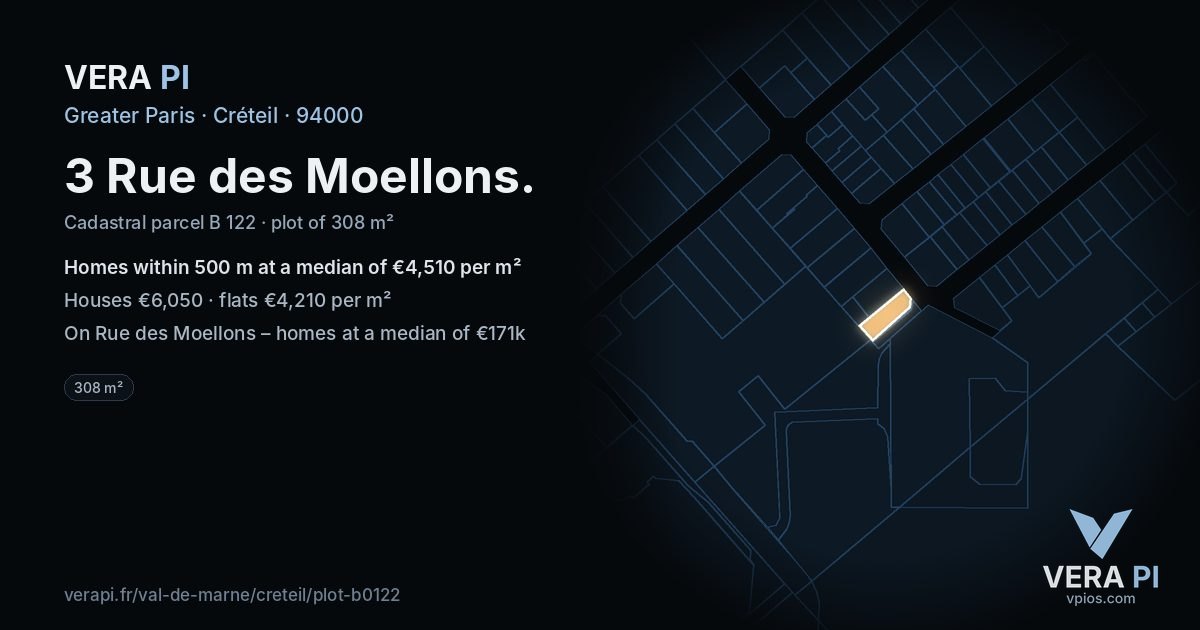 3 Rue des Moellons, Créteil at night – the plot lit, the parcels around coloured by the prices near them