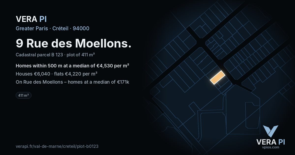 9 Rue des Moellons, Créteil at night – the plot lit, the parcels around coloured by the prices near them