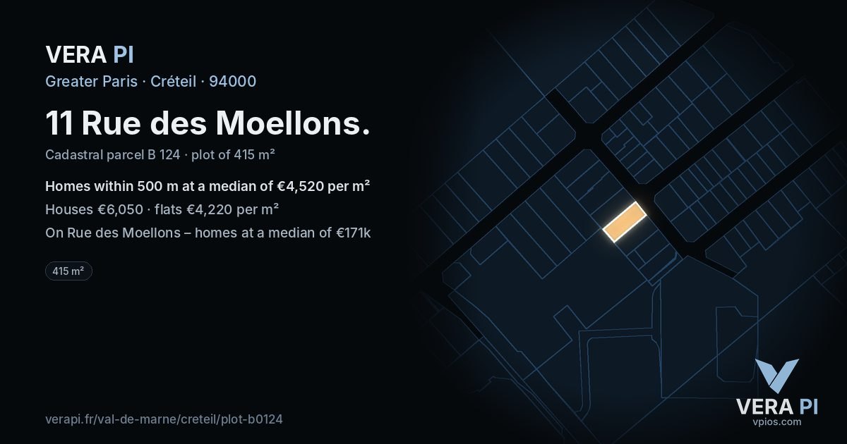 11 Rue des Moellons, Créteil at night – the plot lit, the parcels around coloured by the prices near them