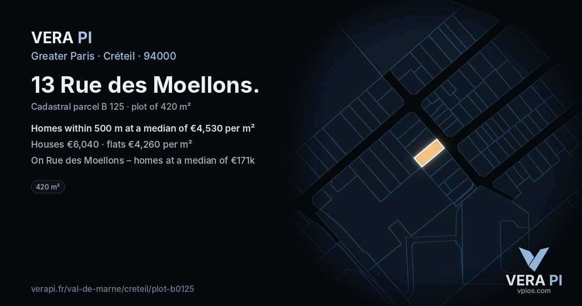 13 Rue des Moellons, Créteil at night – the plot lit, the parcels around coloured by the prices near them